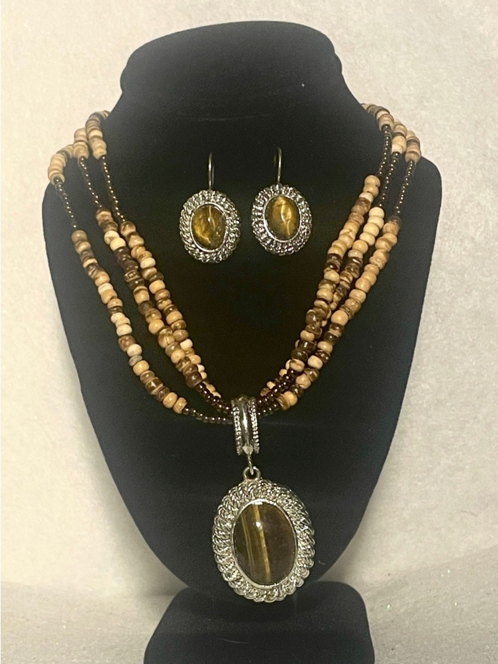 Vintage Avon Tiger’s Eye Pendant on Multistrand Natural Beads & Earring Giftset